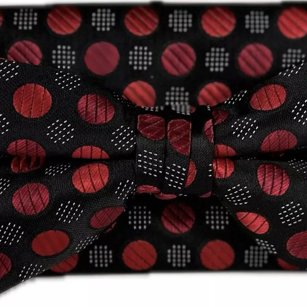 Stacy Adams Men's Bow Tie Hanky Red Black Polka Dot Handmade Microfiber 2.5